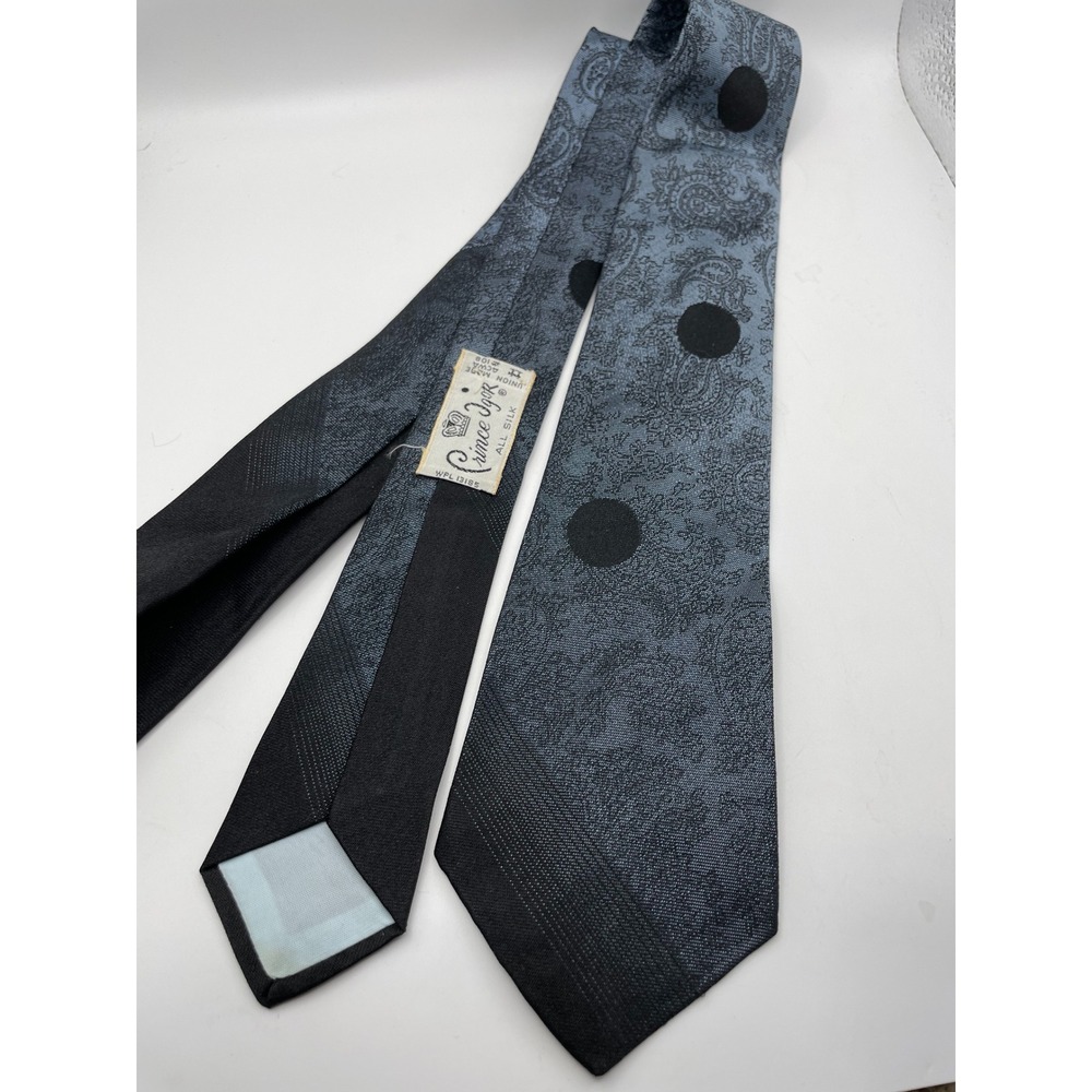 Prince Igor Vintage Silk Tie Blue Black Paisley Polka Dot Union Made USA 3.25in